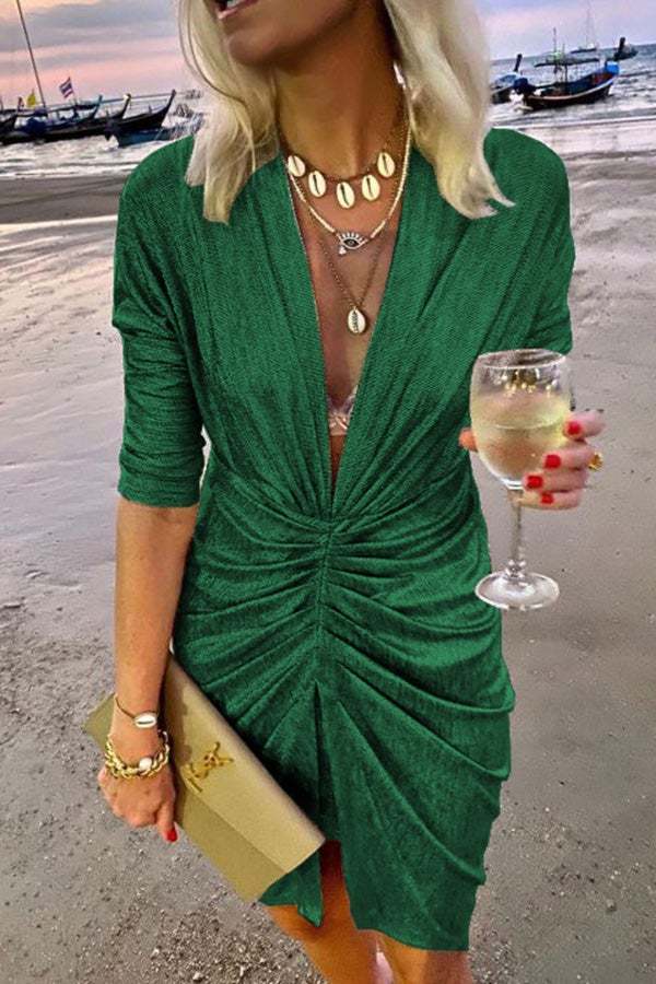 Spotlight City V-Neck Ruched Party Dress (Buy 2 Free Shipping)