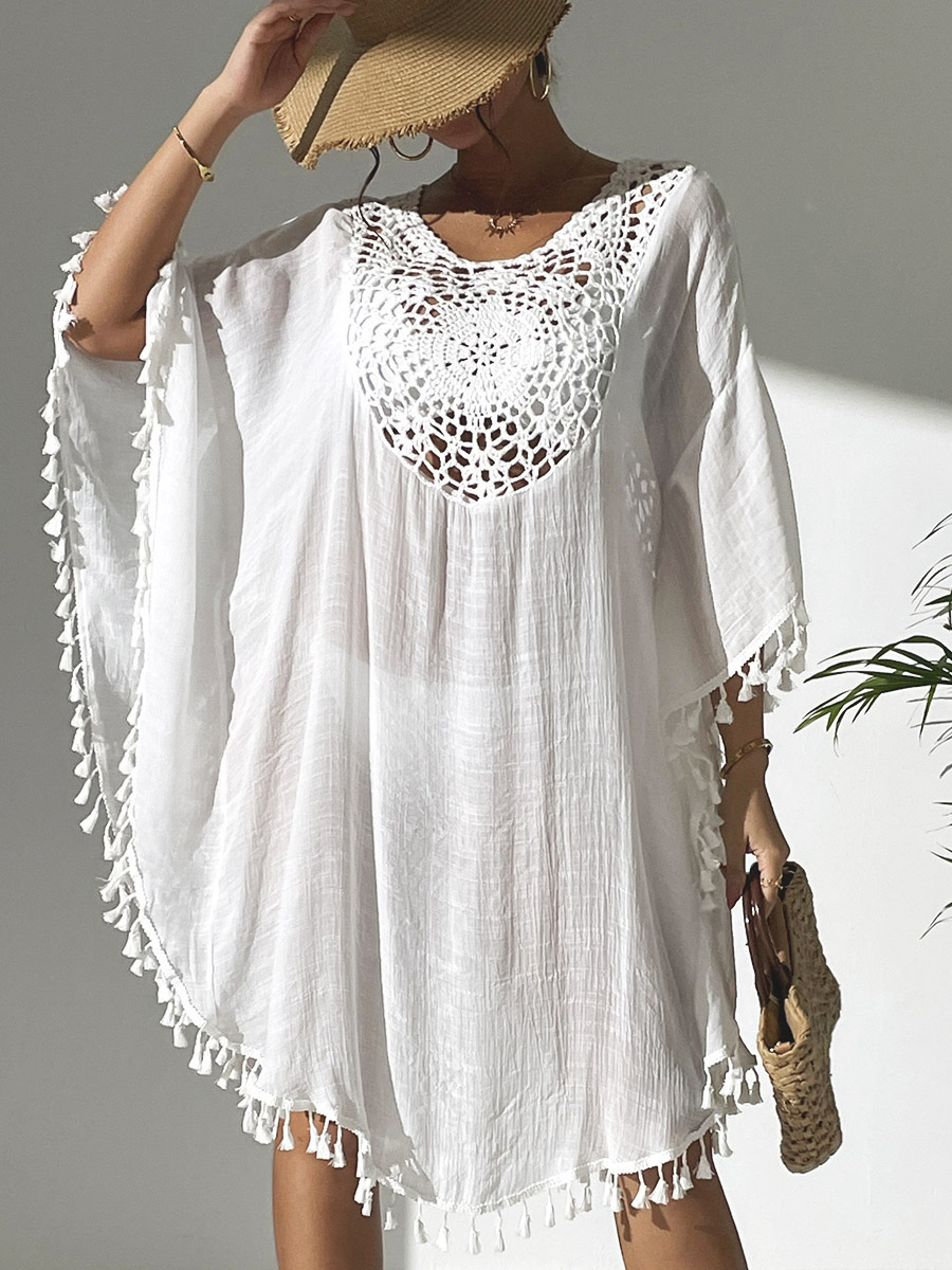 Boho Tassel Trim Crochet Yoke Loose Kaftan Dress