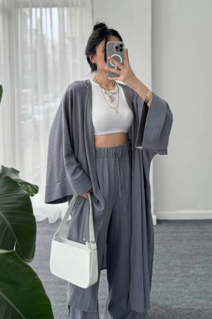 Flowy Textured Kimono Top and Wide Leg Pants Two Piece Set (Buy 2 Free Shipping)