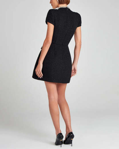 Tweed Fabric Pearl Trim Short Sleeve Pocketed Mini Dress