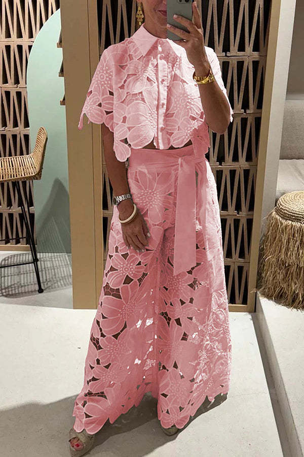 Floral Lace Cropped Shirt and Belt Pocketed Wide Leg Pants Set