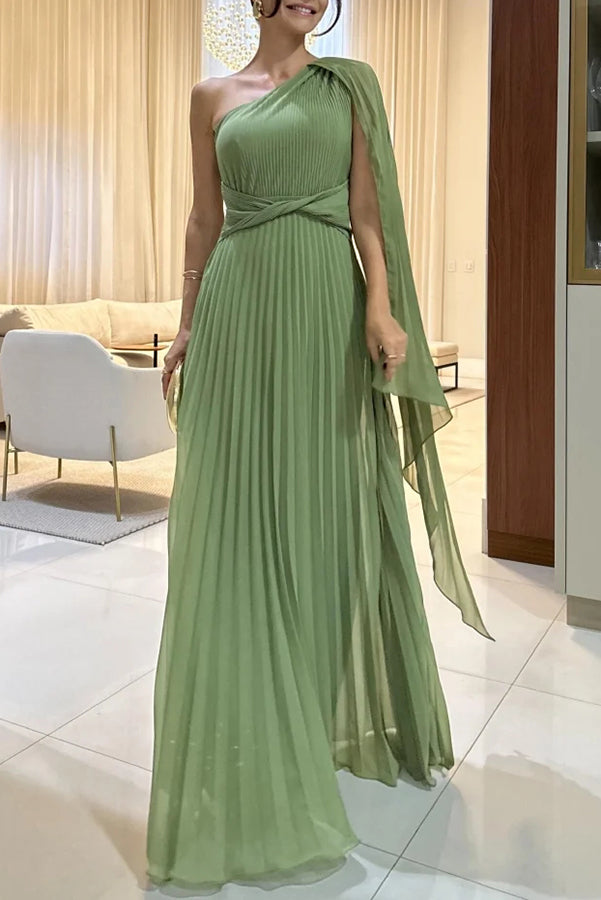 Pleated One Shoulder Drape Sleeve Twist Waist Maxi Dress