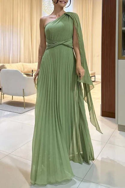 Pleated One Shoulder Drape Sleeve Twist Waist Maxi Dress