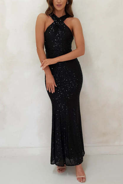 Time To Sparkle Sequin Cross Halter Neck Backless Maxi Dress (Buy 2 Free Shipping)