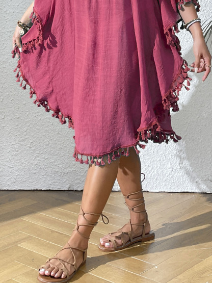Boho Tassel Trim Crochet Yoke Loose Kaftan Dress