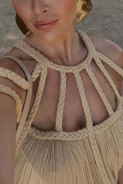 Modern and Sophisticated Linen Blend Draped Braids Cover Up Maxi Dress (Buy 2 Free Shipping)