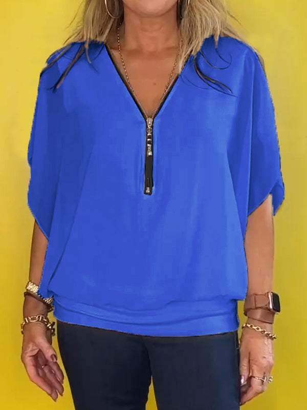 Last Day Promotion🔥Chiffon Half-zip Short-sleeved Casual Top(BUY 2 FREE SHIPPING)