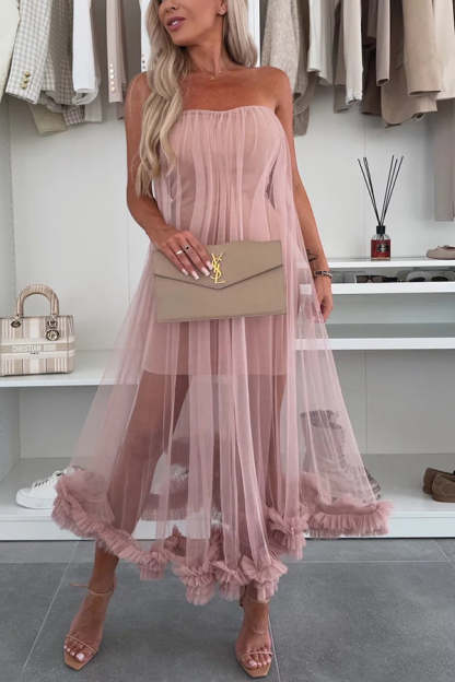 Fairytale Charm Tulle Off Shoulder Ruffles Trim A-line Midi Dress (Buy 2 Free Shipping)
