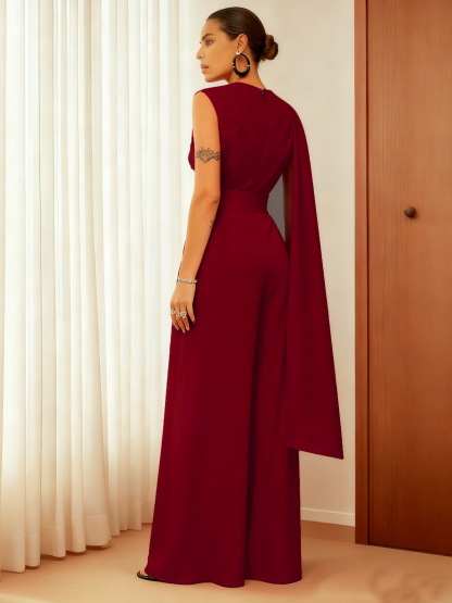 Elegant One Shoulder Draped Wide-Leg Belted Sleeveless Jumpsuit (Buy 2 Free Shipping)