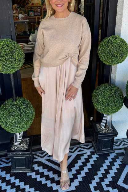 2025 European And American Style Cross-Border Women'S Clothing Independent Station Autumn And Winter Solid Color Round Neck Knitted Pleated Long-Sleeved Skirt Suit 2-Piece Set