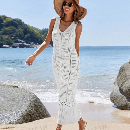 Elegant V-Neck Sleeveless Crochet Knit Maxi Dress