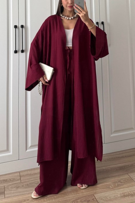 Flowy Textured Kimono Top and Wide Leg Pants Two Piece Set (Buy 2 Free Shipping)