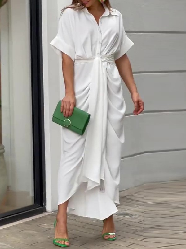 Printed Button-Down Maxi Dress with Waist Tie