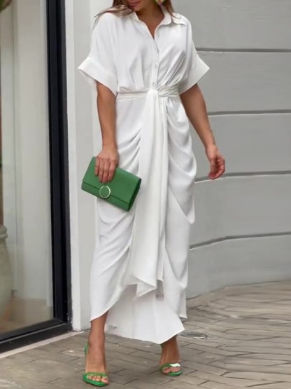 Printed Button-Down Maxi Dress with Waist Tie