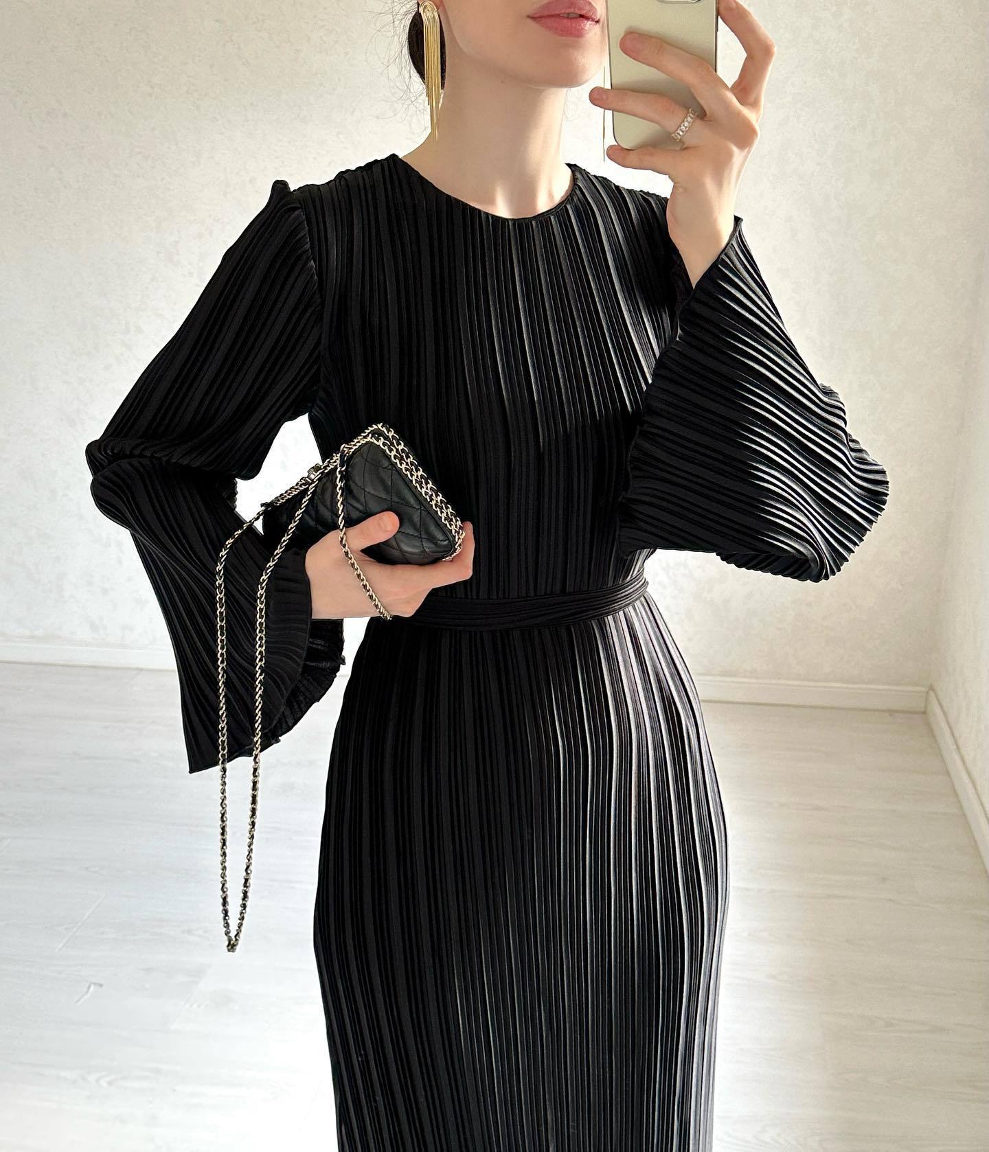 Women's Fall Maxi Dress Chic Pleated Bell Bottom Sleeve Midi Dress
