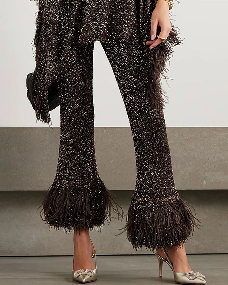 Asymmetric Feather Trimmed Sequin Embellished Top and Pants Set