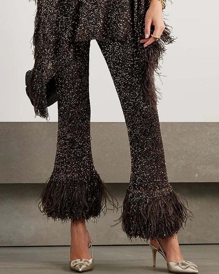 Asymmetric Feather Trimmed Sequin Embellished Top and Pants Set