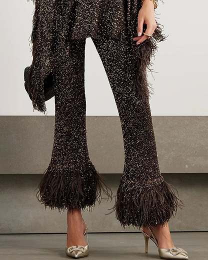 Asymmetric Feather Trimmed Sequin Embellished Top and Pants Set
