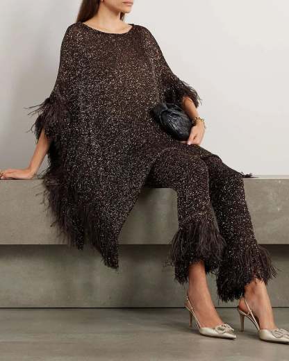 Asymmetric Feather Trimmed Sequin Embellished Top and Pants Set