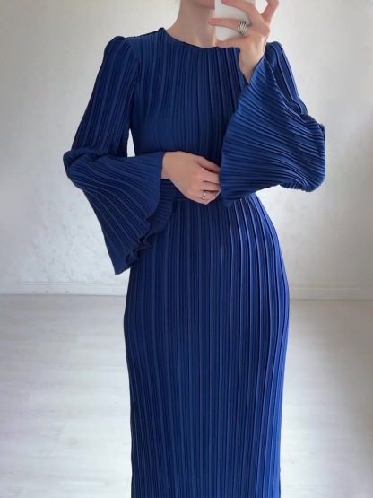 Women's Fall Maxi Dress Chic Pleated Bell Bottom Sleeve Midi Dress
