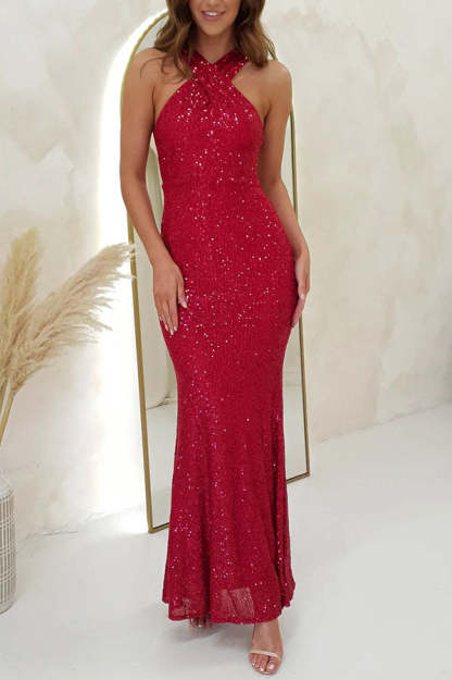 Time To Sparkle Sequin Cross Halter Neck Backless Maxi Dress (Buy 2 Free Shipping)