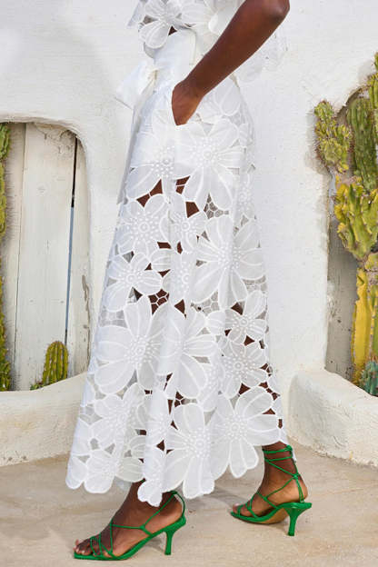 Floral Lace Cropped Shirt and Belt Pocketed Wide Leg Pants Set