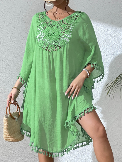Boho Tassel Trim Crochet Yoke Loose Kaftan Dress