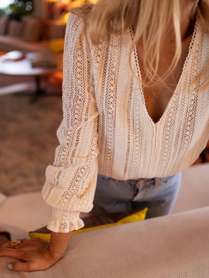 Vintage Crochet Puff Sleeve Deep V Knit Blouse Top