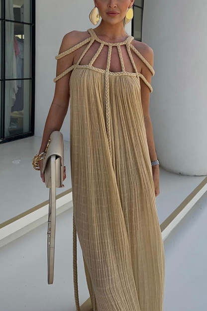 Modern and Sophisticated Linen Blend Draped Braids Cover Up Maxi Dress (Buy 2 Free Shipping)