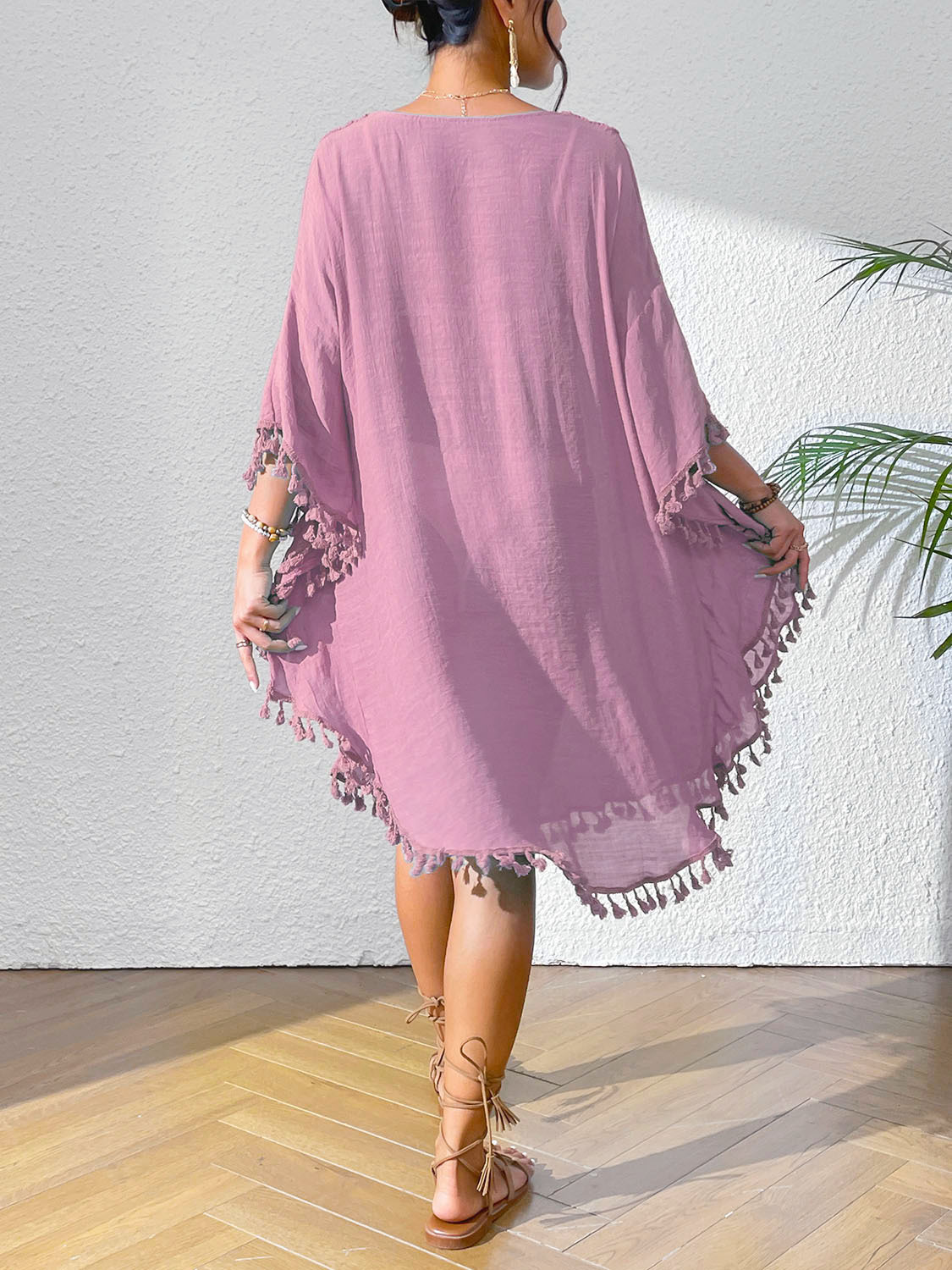 Boho Tassel Trim Crochet Yoke Loose Kaftan Dress