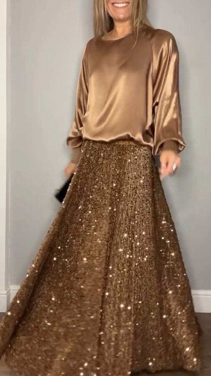 Satin Top & Sequin Maxi Skirt Two Piece Set (Buy 2 Free Shipping)
