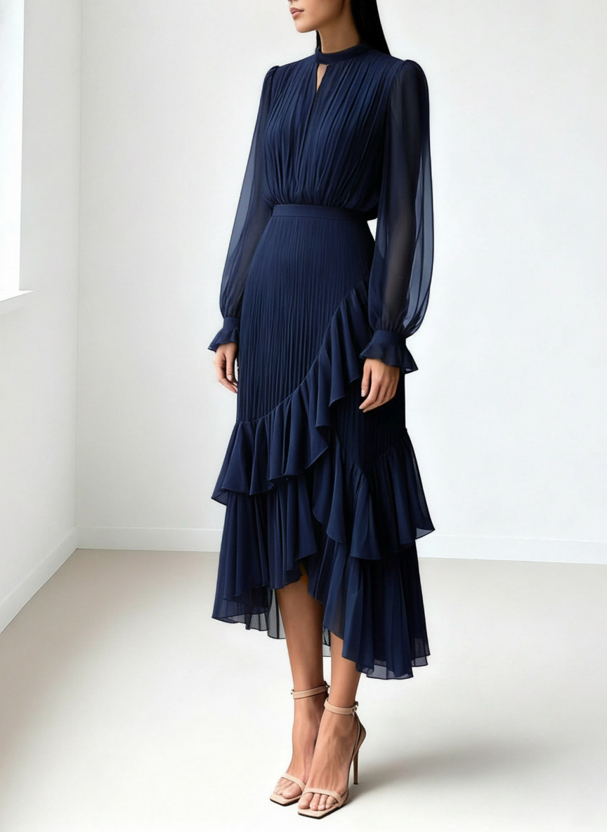 Elegant Pleated Ruffle Asymmetrical Long Sleeve Dress (Buy 2 Free Shipping)