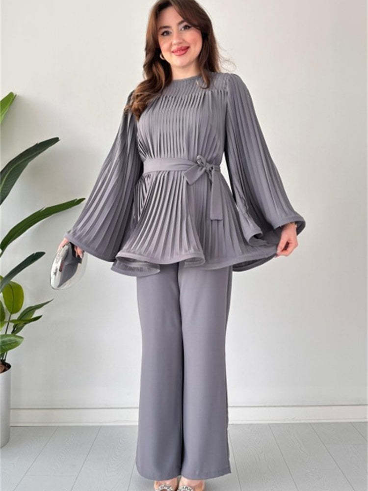 Pleated Bell Sleeve Top and Wide-Leg Pants Two Piece Set (Buy 2 Free Shipping)