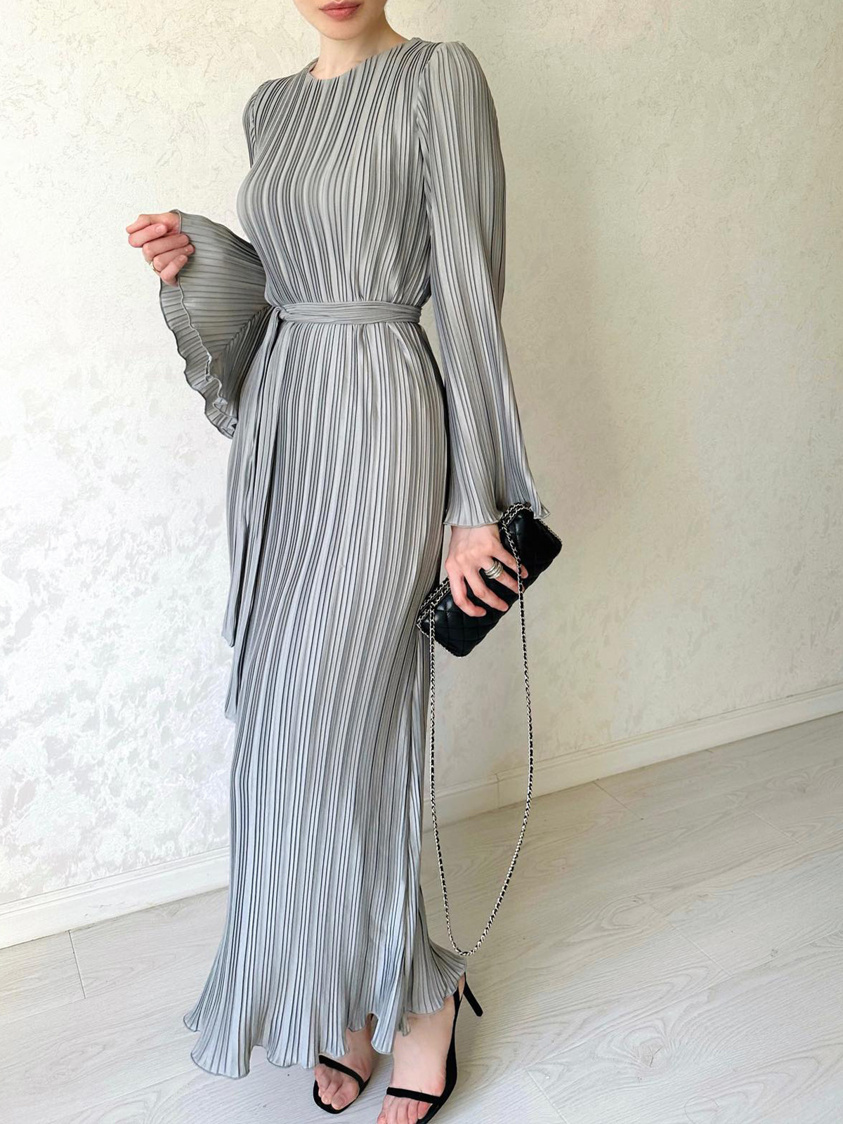 Women's Fall Maxi Dress Chic Pleated Bell Bottom Sleeve Midi Dress