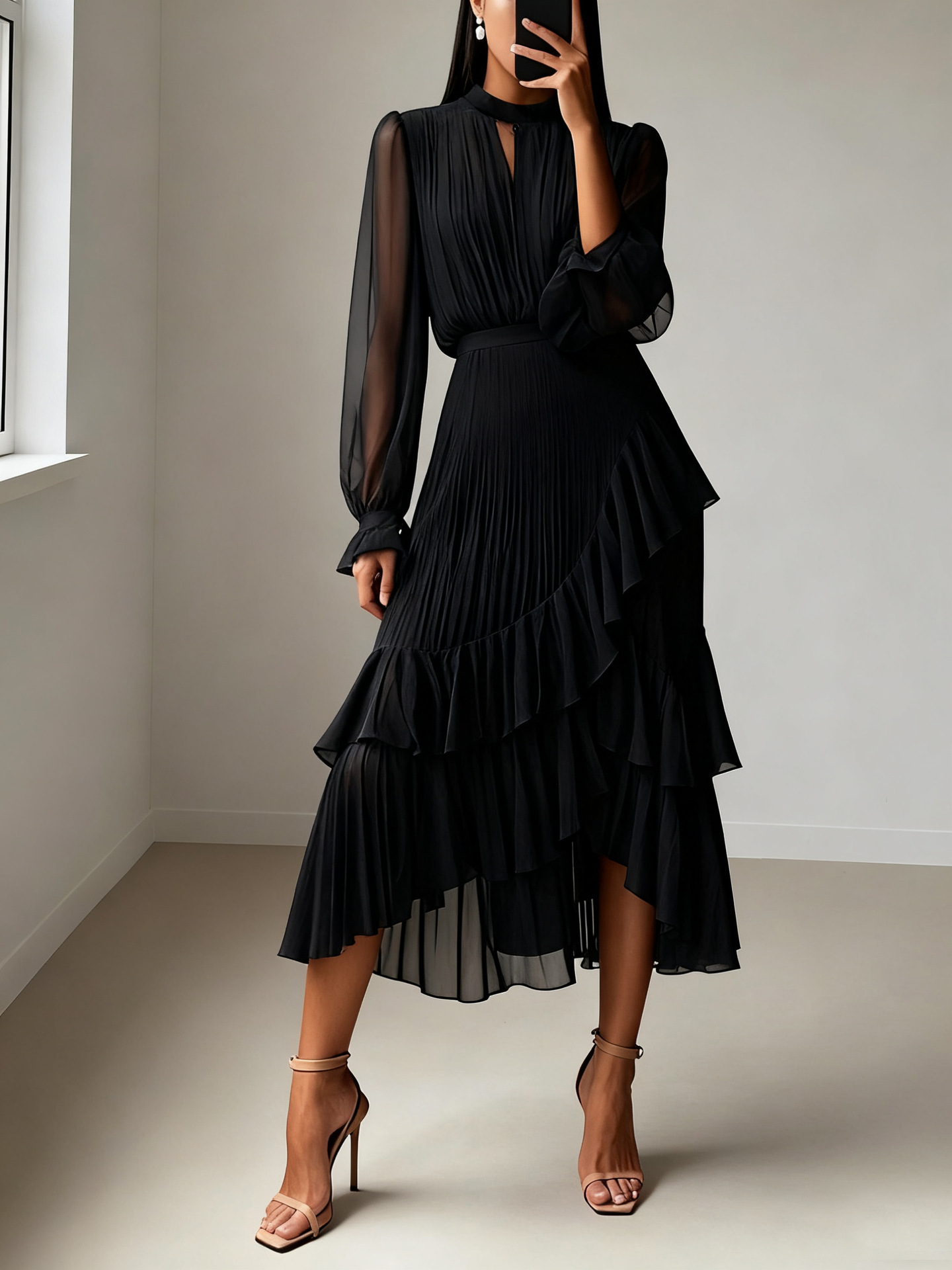 Elegant Pleated Ruffle Asymmetrical Long Sleeve Dress (Buy 2 Free Shipping)