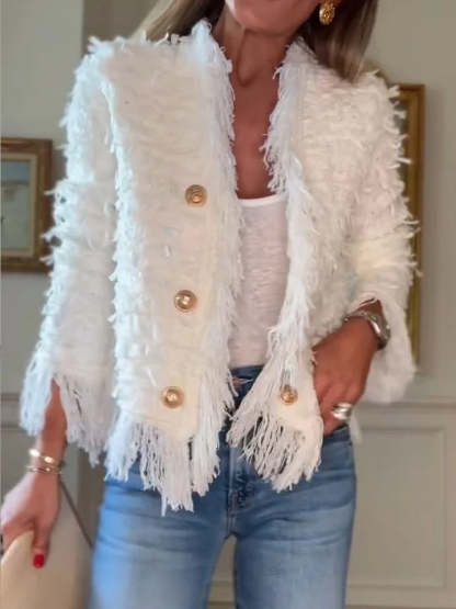 Elegant Fringe Trim Gold Button Tweed Jacket (Buy 2 Free Shipping)
