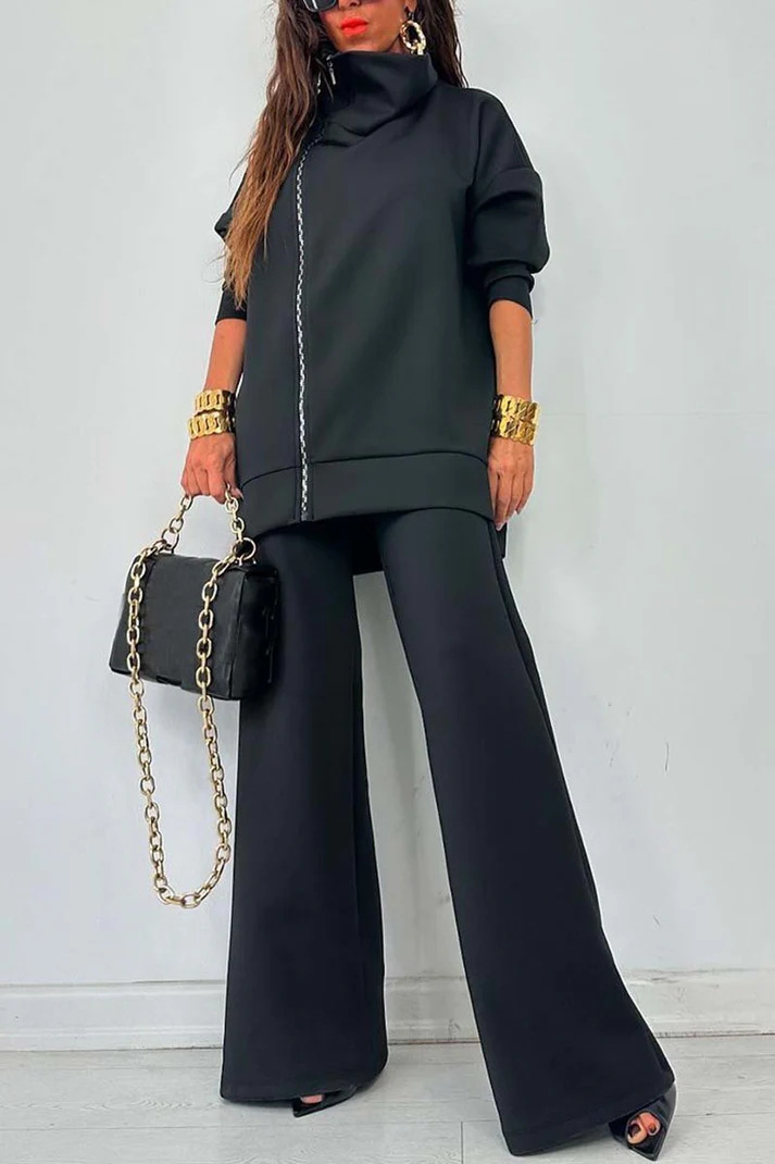 Cozy High Neck Zip Detail Top and Pants Two Piece Set  (Buy 2 Free Shipping)