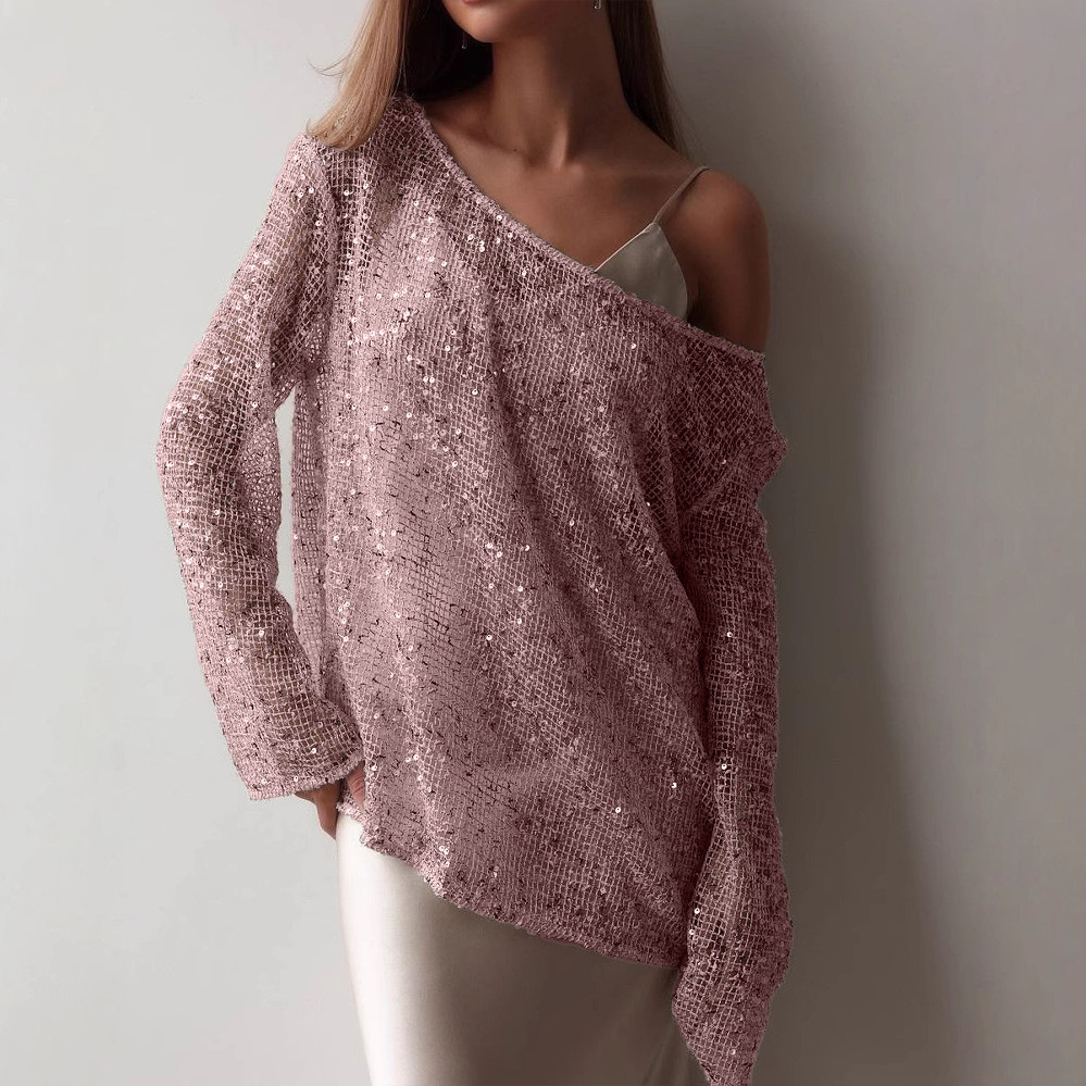 Shimmery Loose Knit Sequin Mesh Pullover Top (Buy 2 Free Shipping)