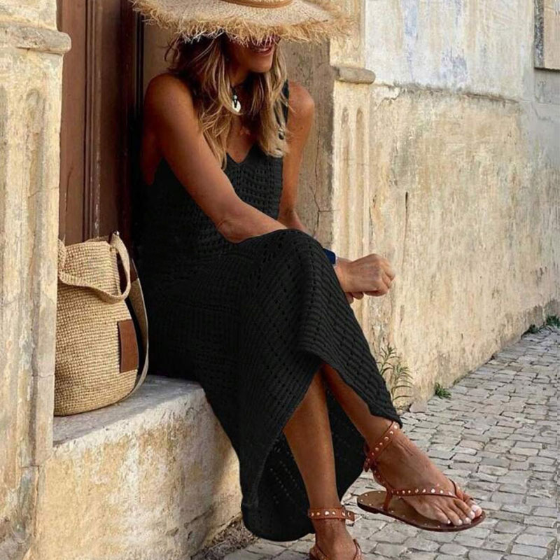 Elegant V-Neck Sleeveless Crochet Knit Maxi Dress