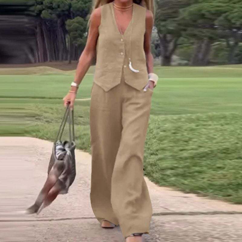 Last Day 49% OFF🔥Button Down Vest and Wide Leg Pants 2 Piece Set (Buy