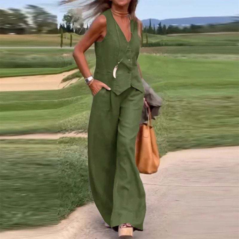 Last Day 49% OFF🔥Button Down Vest and Wide Leg Pants 2 Piece Set (Buy 2 Free Shipping)