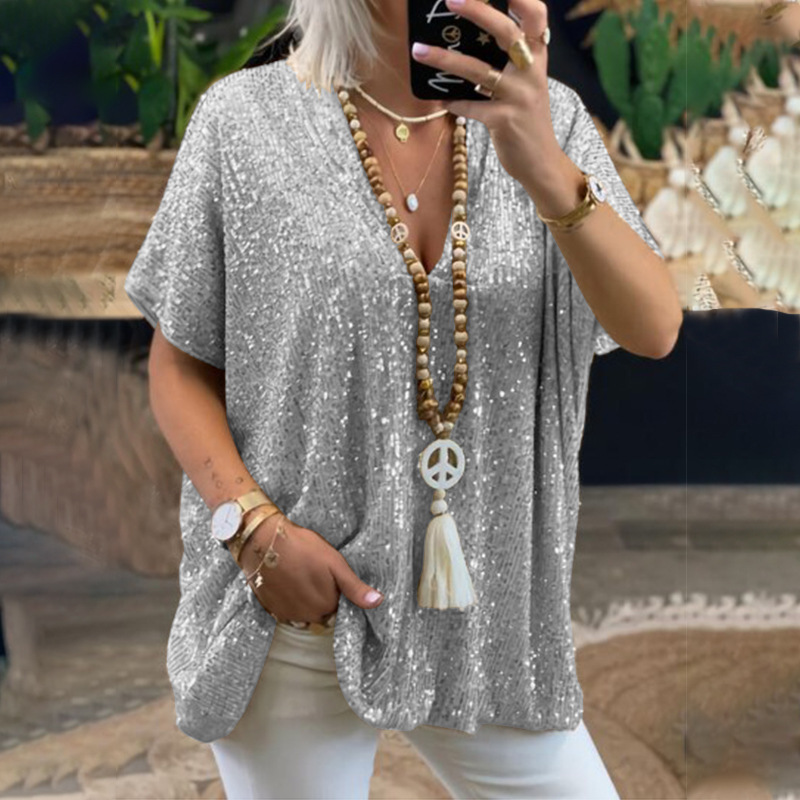 Relaxed Sequin V-Neck Short Sleeve Blouse (Buy 2 Free Shipping)