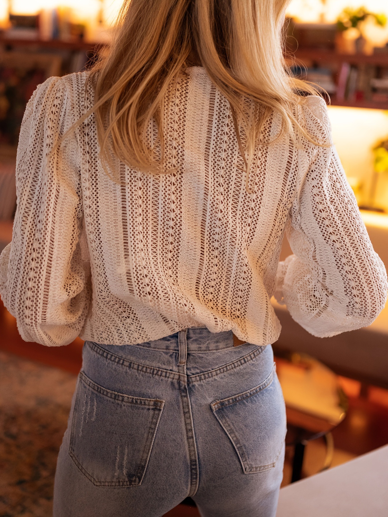 Vintage Crochet Puff Sleeve Deep V Knit Blouse Top