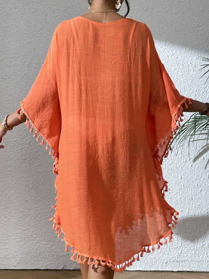 Boho Tassel Trim Crochet Yoke Loose Kaftan Dress
