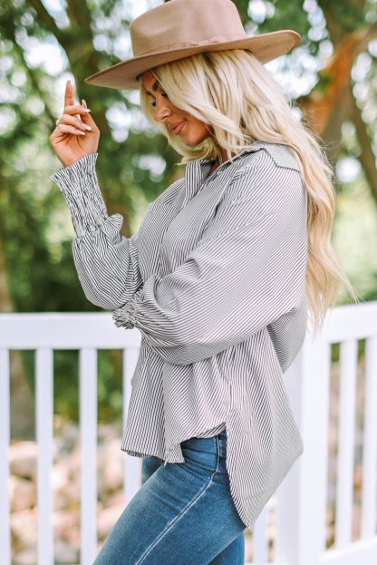 🎁Last Day Sale 50% OFF🏆️Mid-length smocked shirt with striped lapel and oversized drawdown sleeves