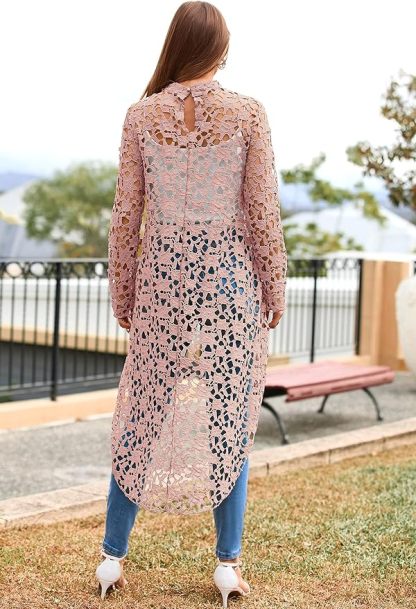 Elegant High Neck Lace Hollow Out Longline Top