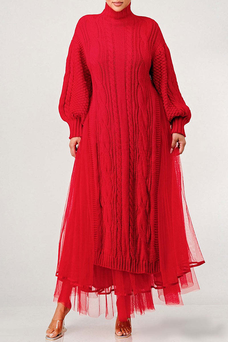 Cozy Chunky Knit Mock Neck Mesh Hem Dress (Buy 2 Free Shipping)