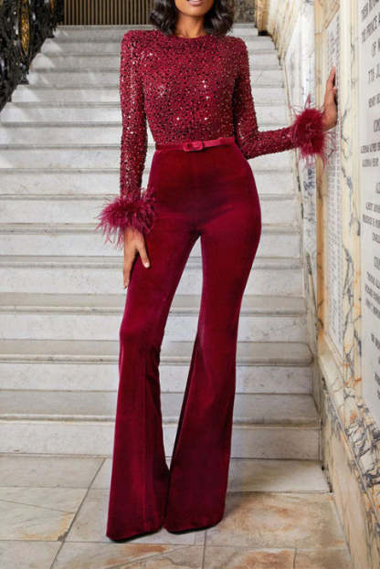 Ready for Vegas Feather Detail Trim Sequin Jumpsuit (Free Shipping)