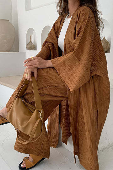 Flowy Textured Kimono Top and Wide Leg Pants Two Piece Set (Buy 2 Free Shipping)