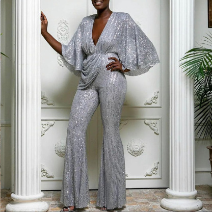 Elegant Sequin Draped Wide Sleeve Jumpsuit (Buy 2 Free Shipping)